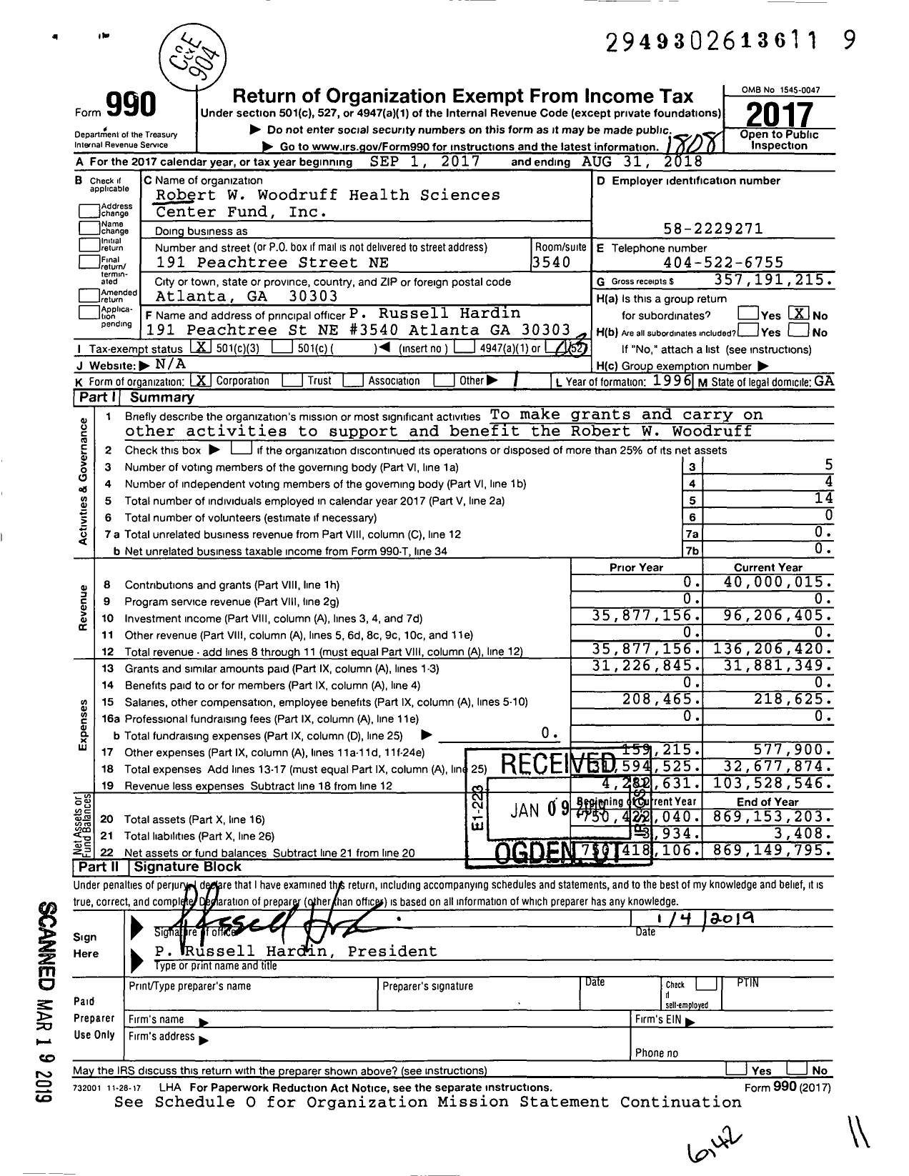 Image of first page of 2017 Form 990 for Robert W Woodruff Health Sciences Center Fund