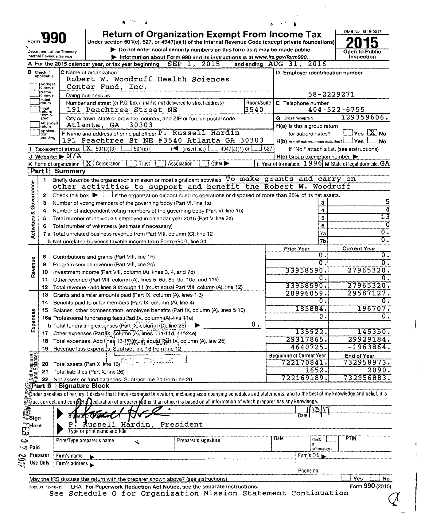 Image of first page of 2015 Form 990 for Robert W Woodruff Health Sciences Center Fund