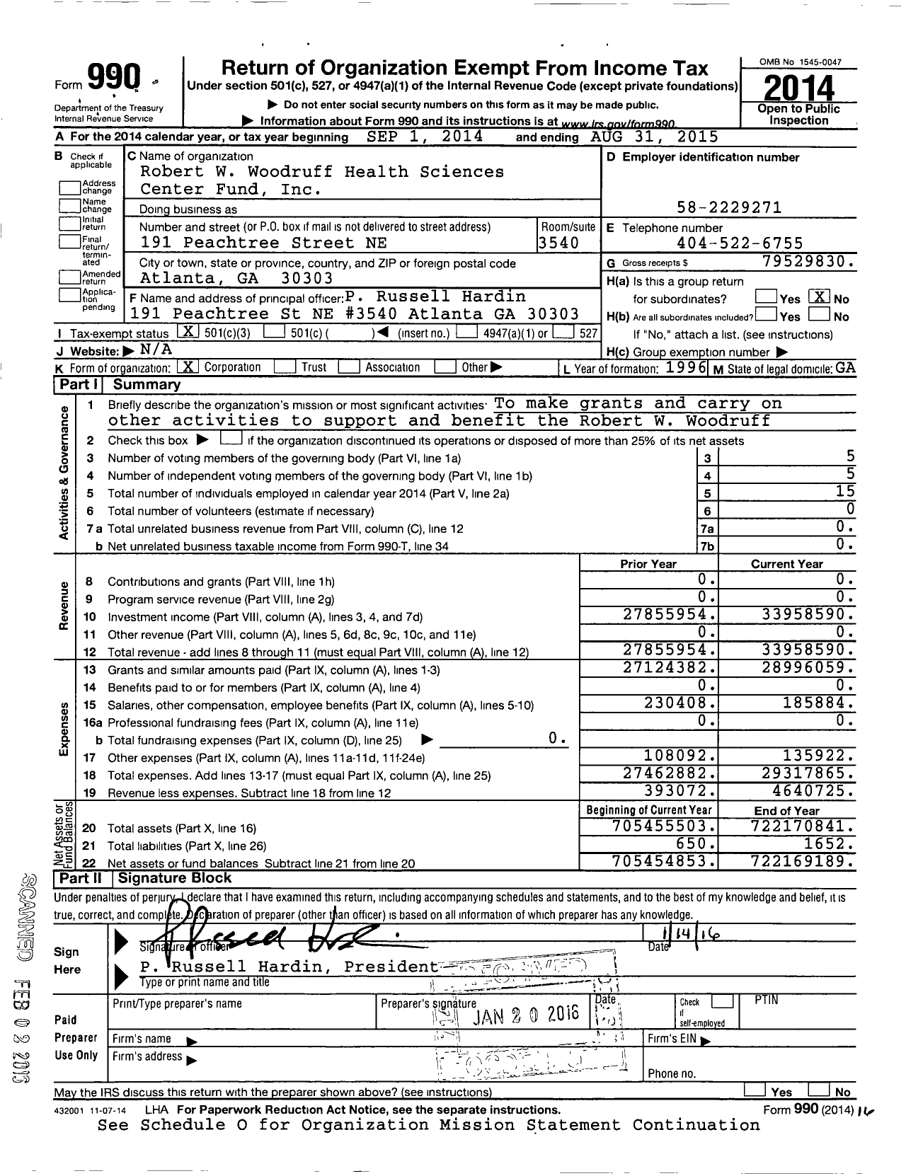 Image of first page of 2014 Form 990 for Robert W Woodruff Health Sciences Center Fund