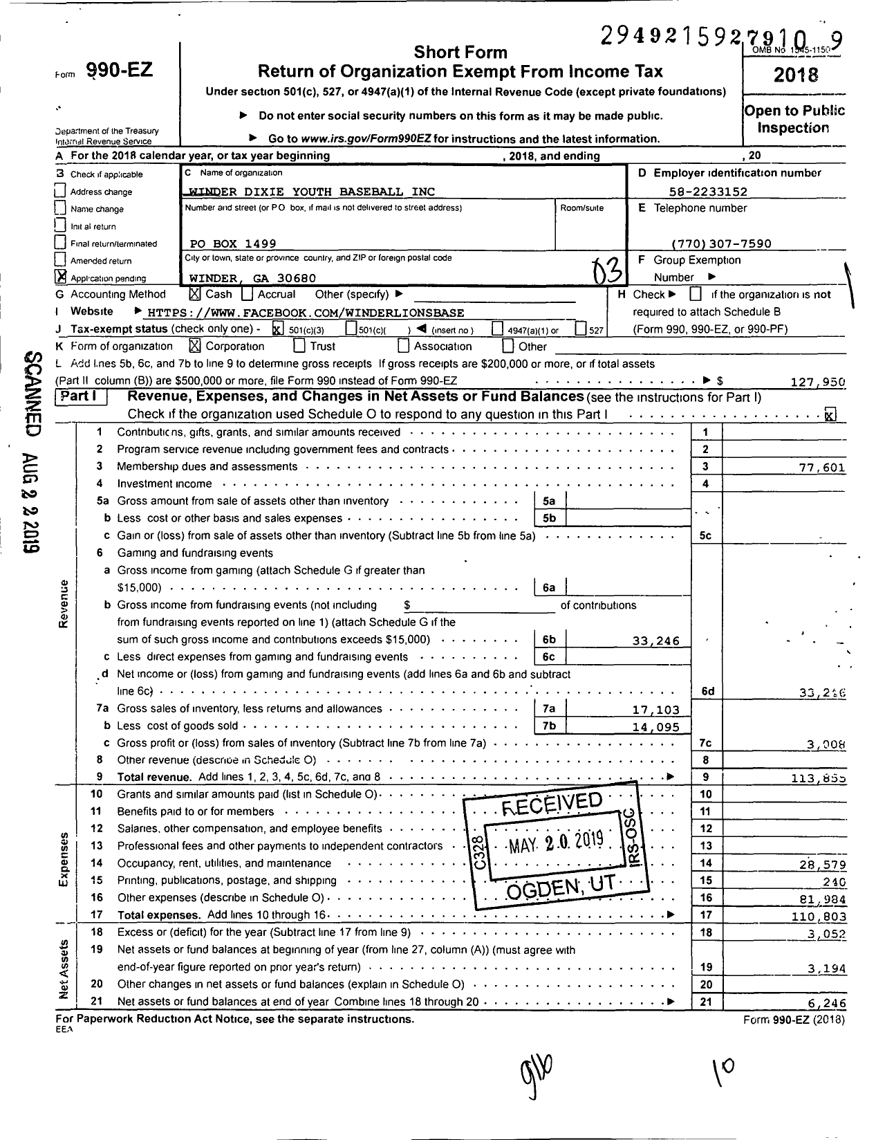 Image of first page of 2018 Form 990EZ for Winder Dixie Youth Baseball