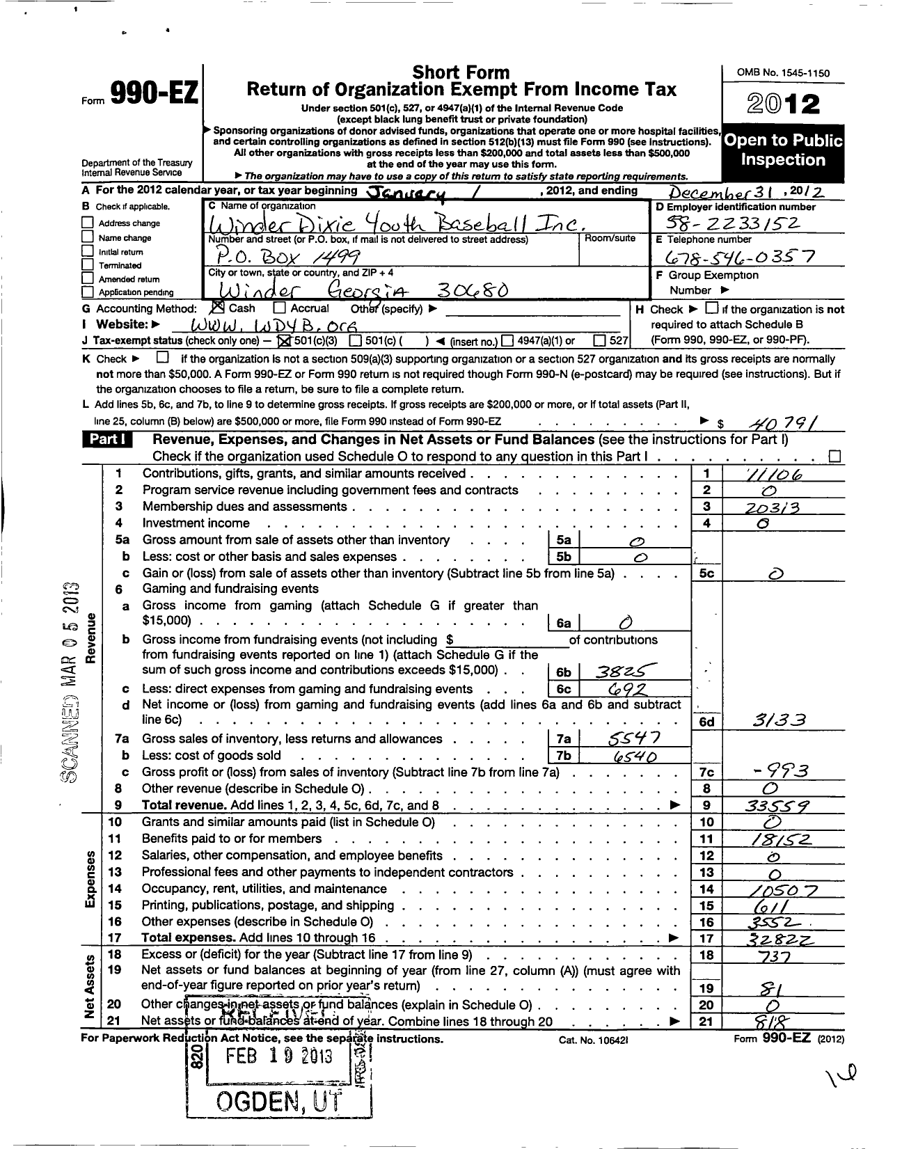 Image of first page of 2012 Form 990EZ for Winder Dixie Youth Baseball