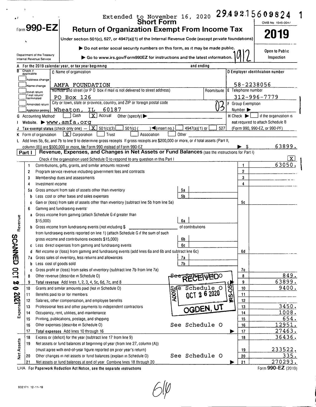 Image of first page of 2019 Form 990EZ for Amfa Foundation