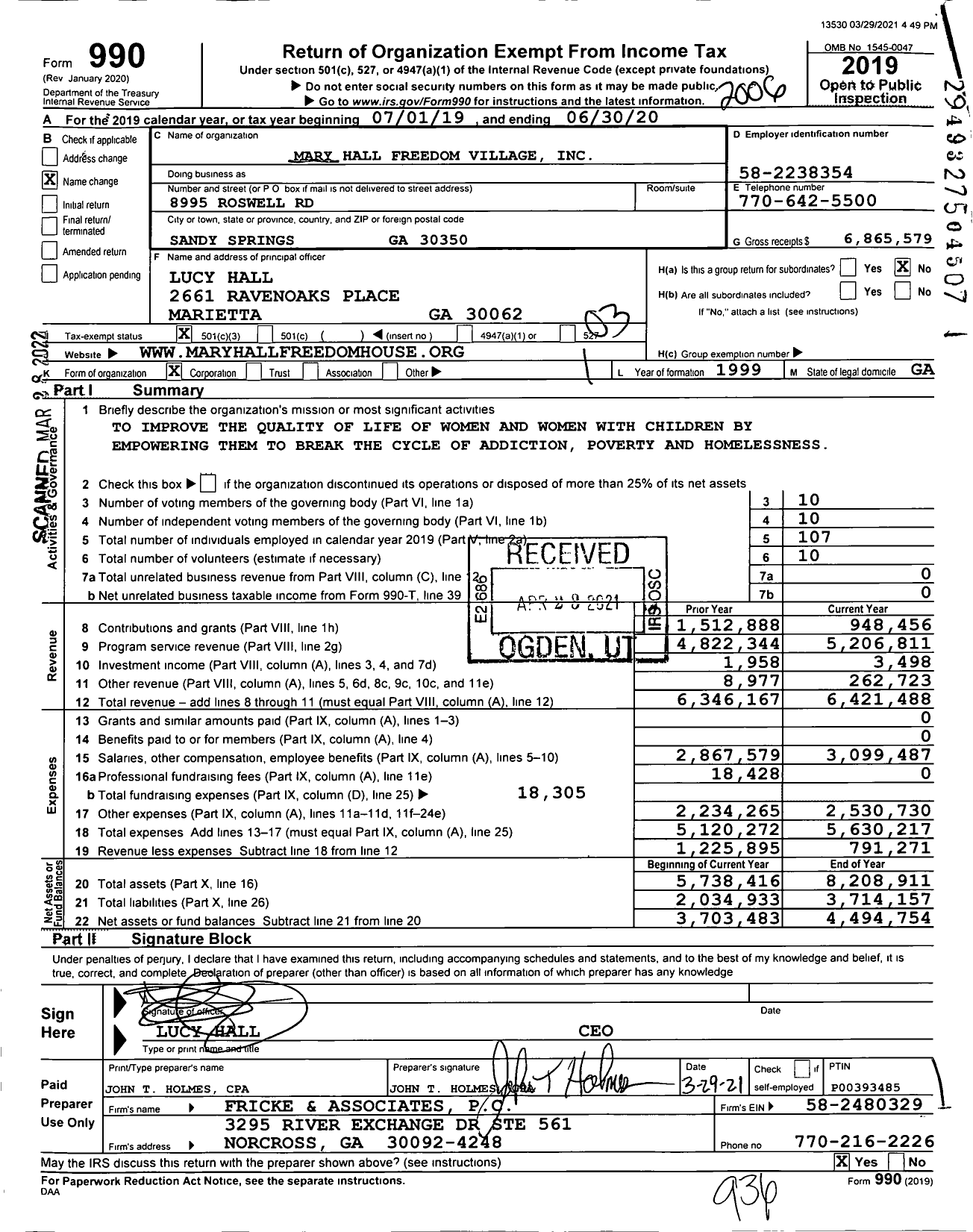 Image of first page of 2019 Form 990 for Mary Hall Freedom Village