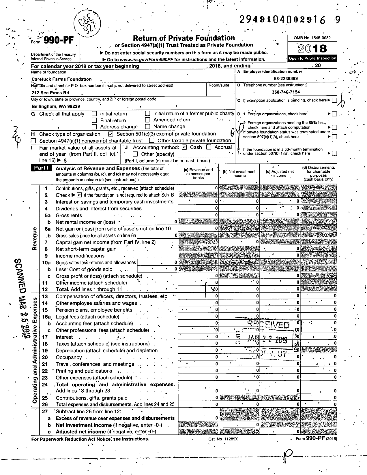 Image of first page of 2018 Form 990PF for Caretuck Farms Foundation