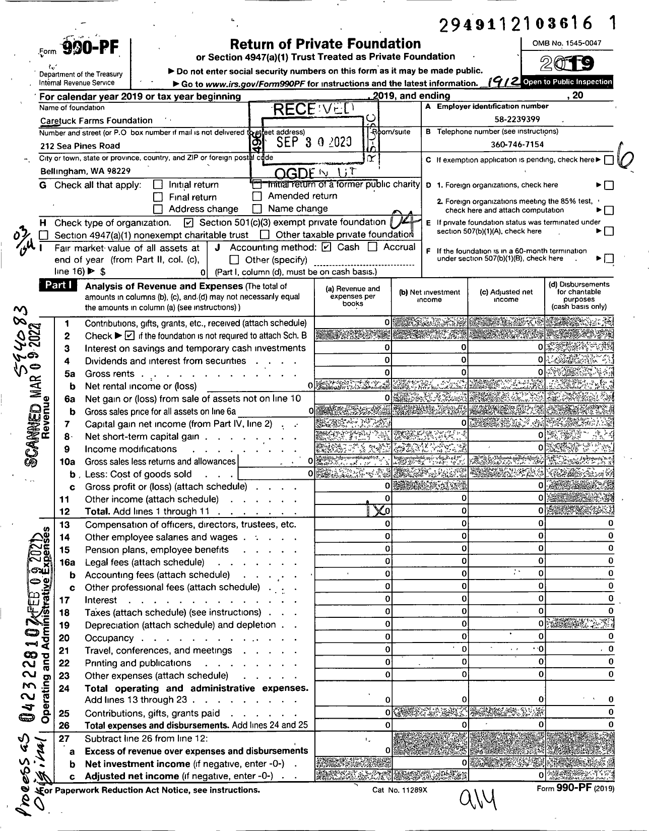 Image of first page of 2019 Form 990PF for Caretuck Farms Foundation