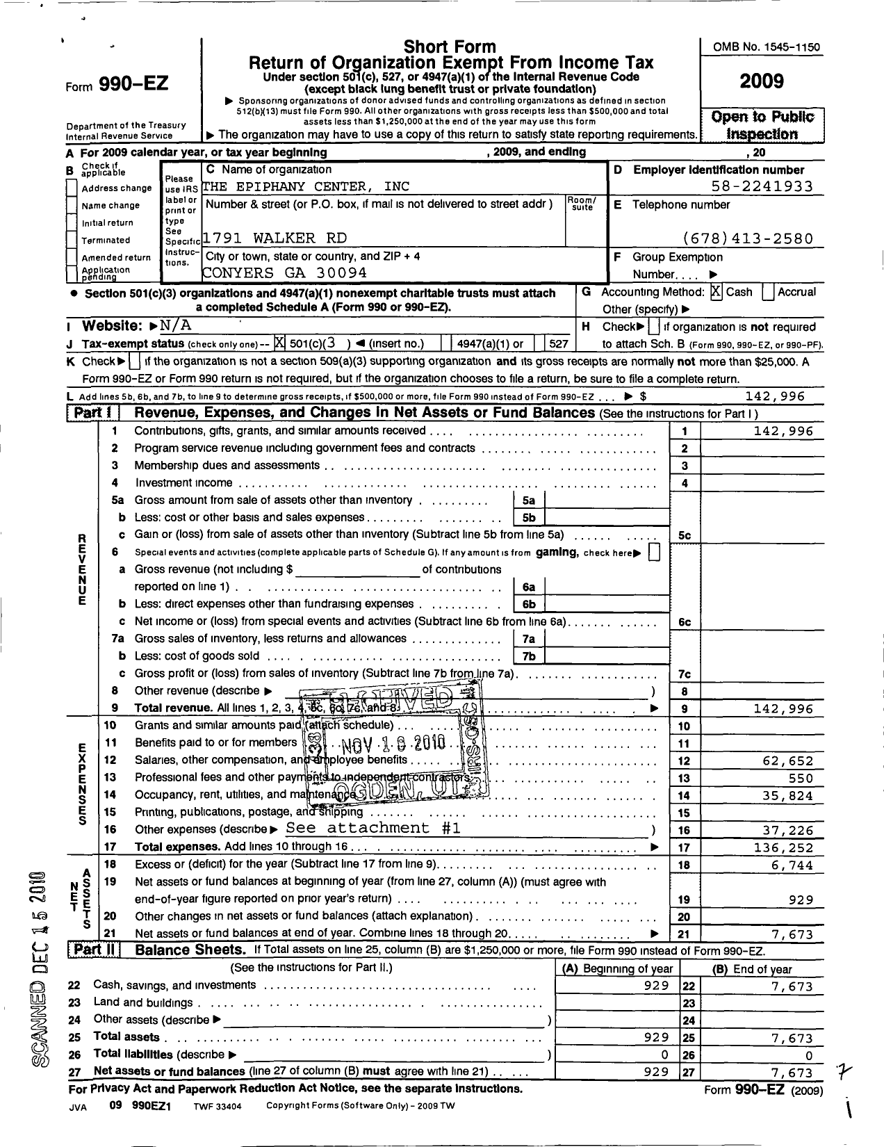 Image of first page of 2009 Form 990EZ for The Epiphany Center