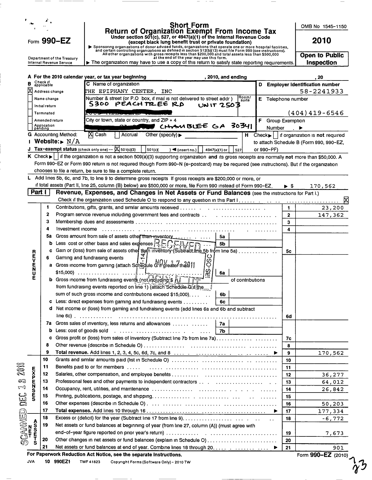 Image of first page of 2010 Form 990EZ for The Epiphany Center