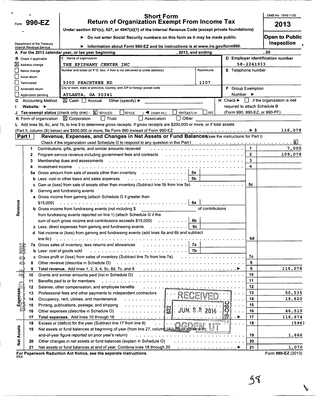 Image of first page of 2013 Form 990EZ for The Epiphany Center