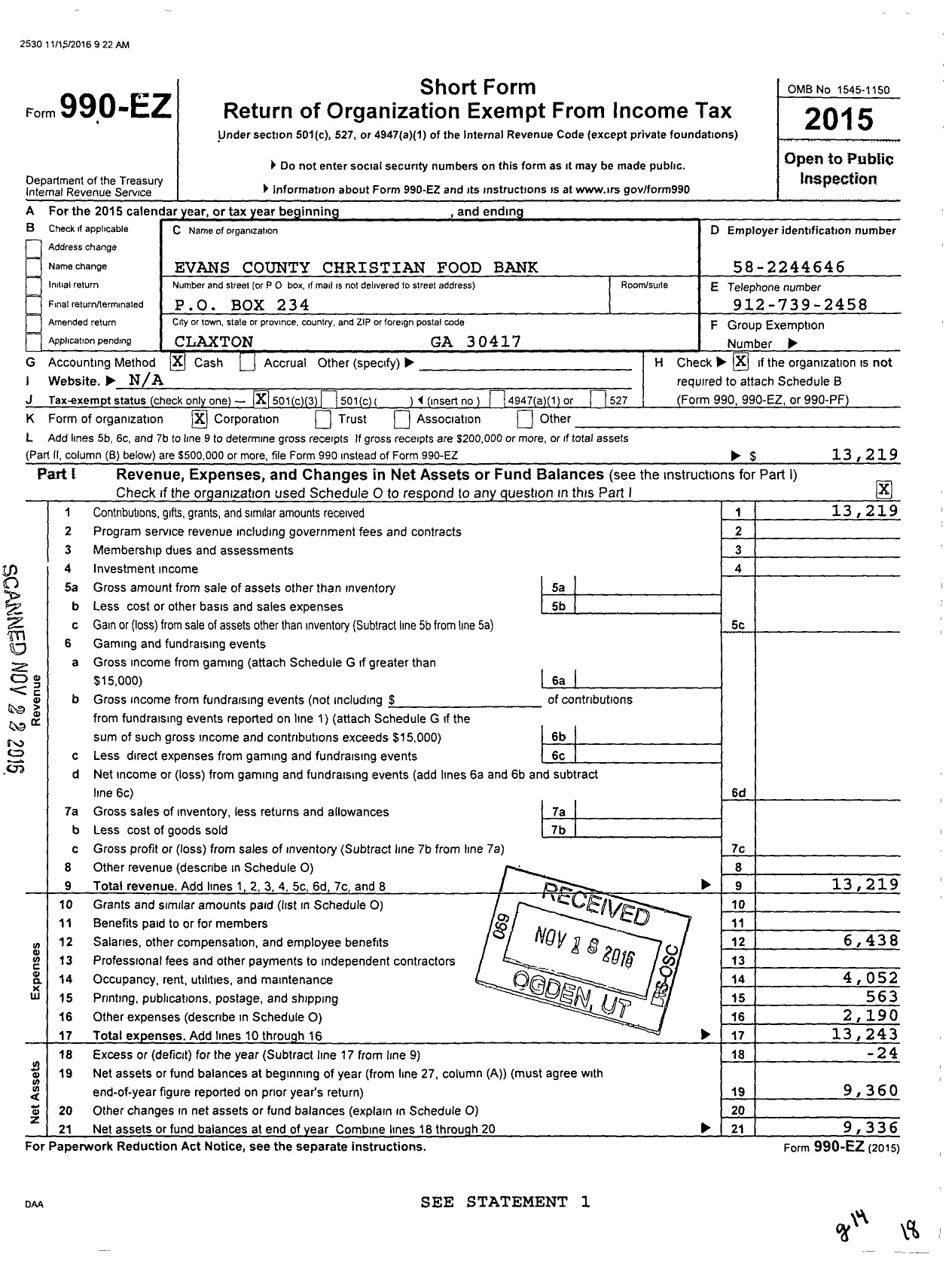 Image of first page of 2015 Form 990EZ for Evans County Christian Food Bank