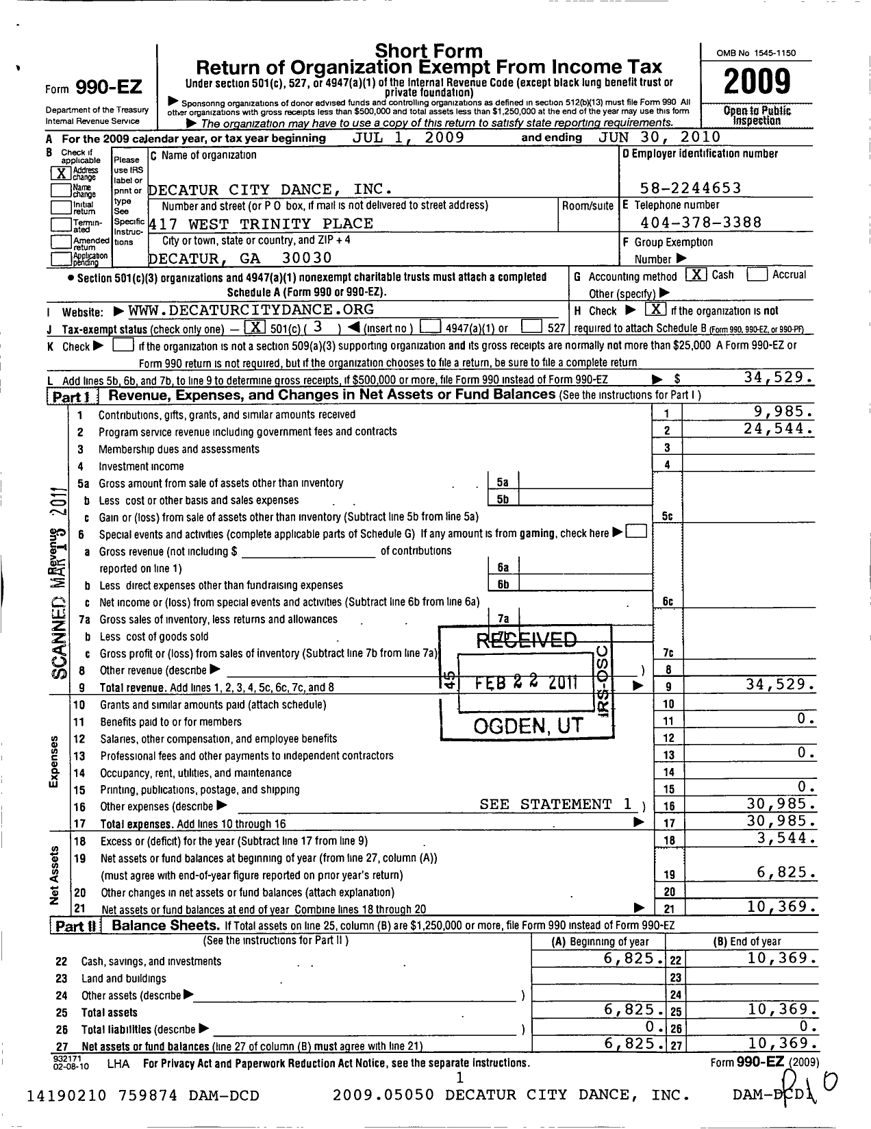 Image of first page of 2009 Form 990EZ for Decatur City Dance