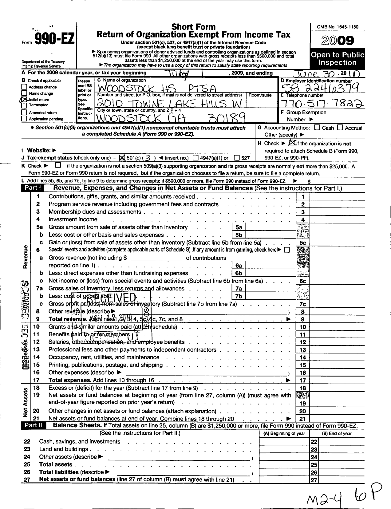 Image of first page of 2009 Form 990EZ for Georgia PTA - WHS Ptsa