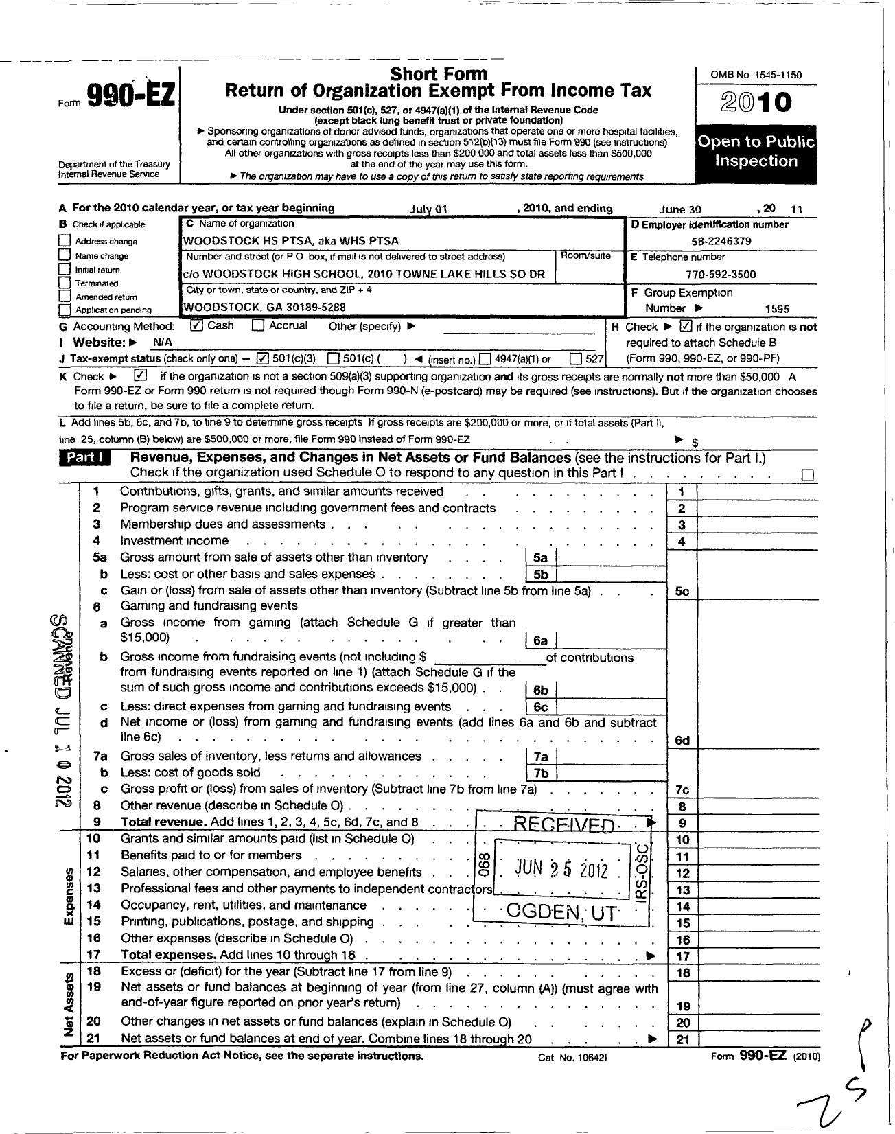 Image of first page of 2010 Form 990EZ for Georgia PTA - WHS Ptsa