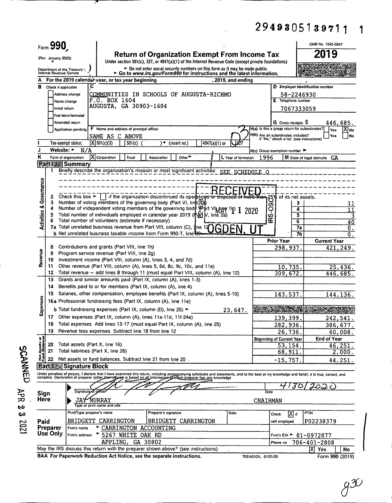 Image of first page of 2019 Form 990 for RISE Augusta