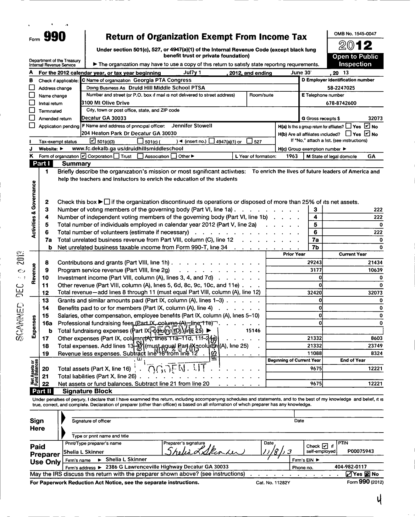 Image of first page of 2012 Form 990 for Georgia PTA - Ptsa Georgia PTA Congress