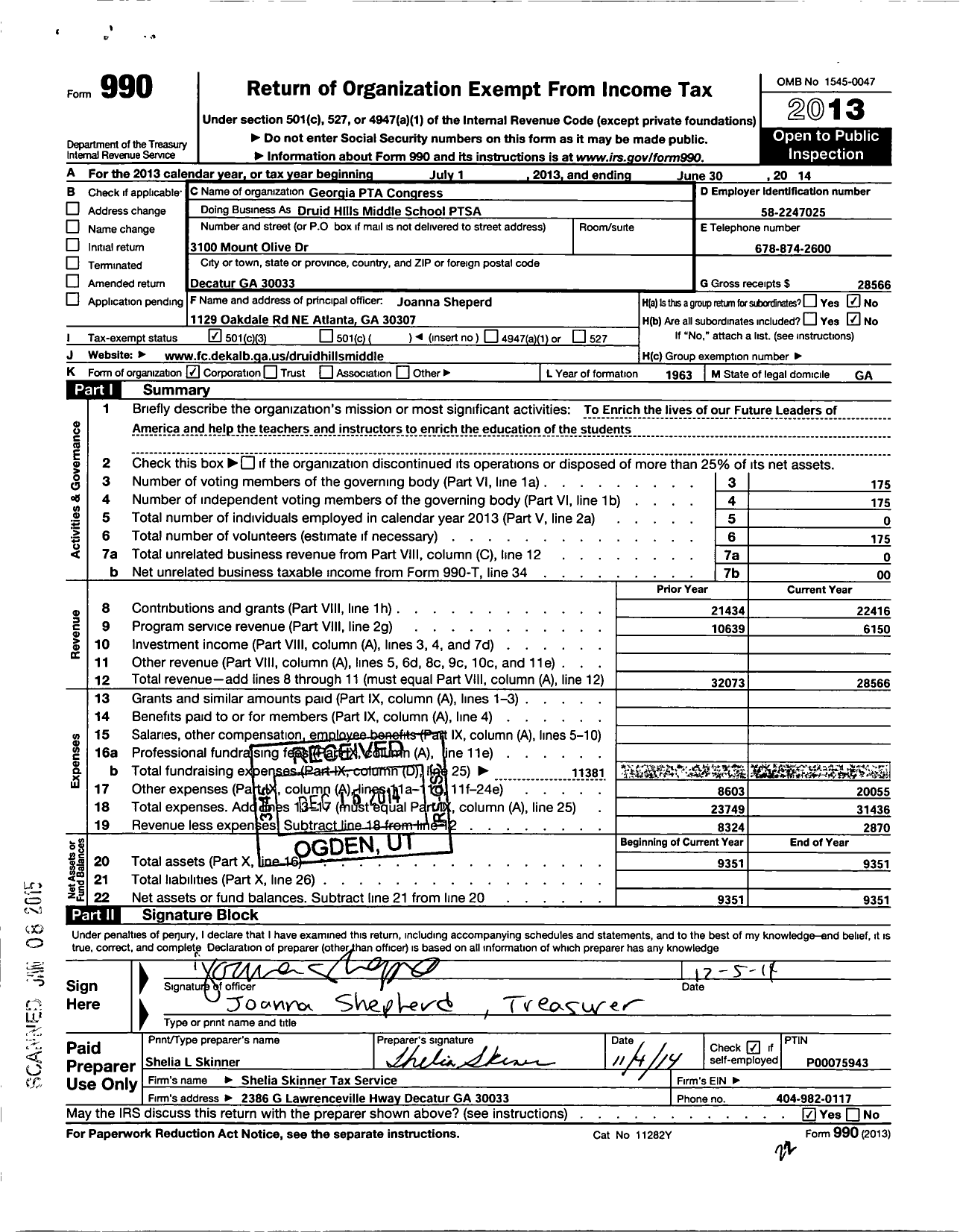 Image of first page of 2013 Form 990 for Georgia PTA - Ptsa Georgia PTA Congress