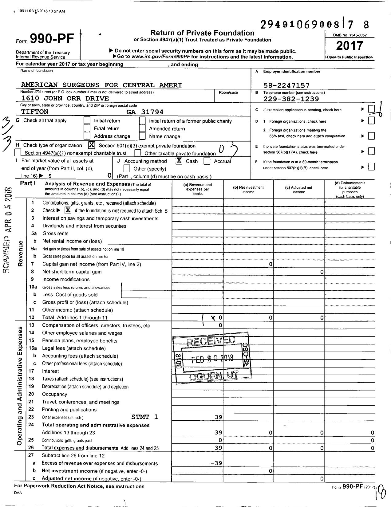 Image of first page of 2017 Form 990PF for American Surgeons for Central America