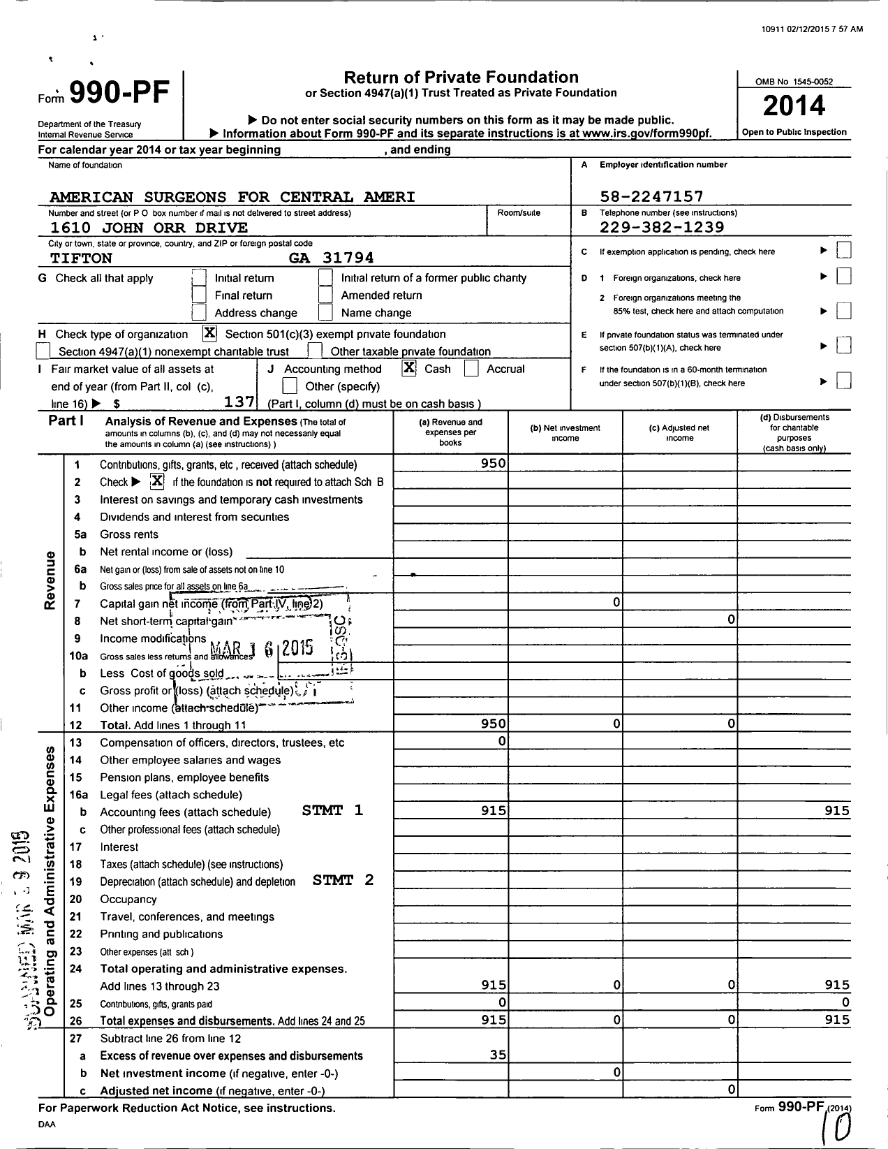 Image of first page of 2014 Form 990PF for American Surgeons for Central America