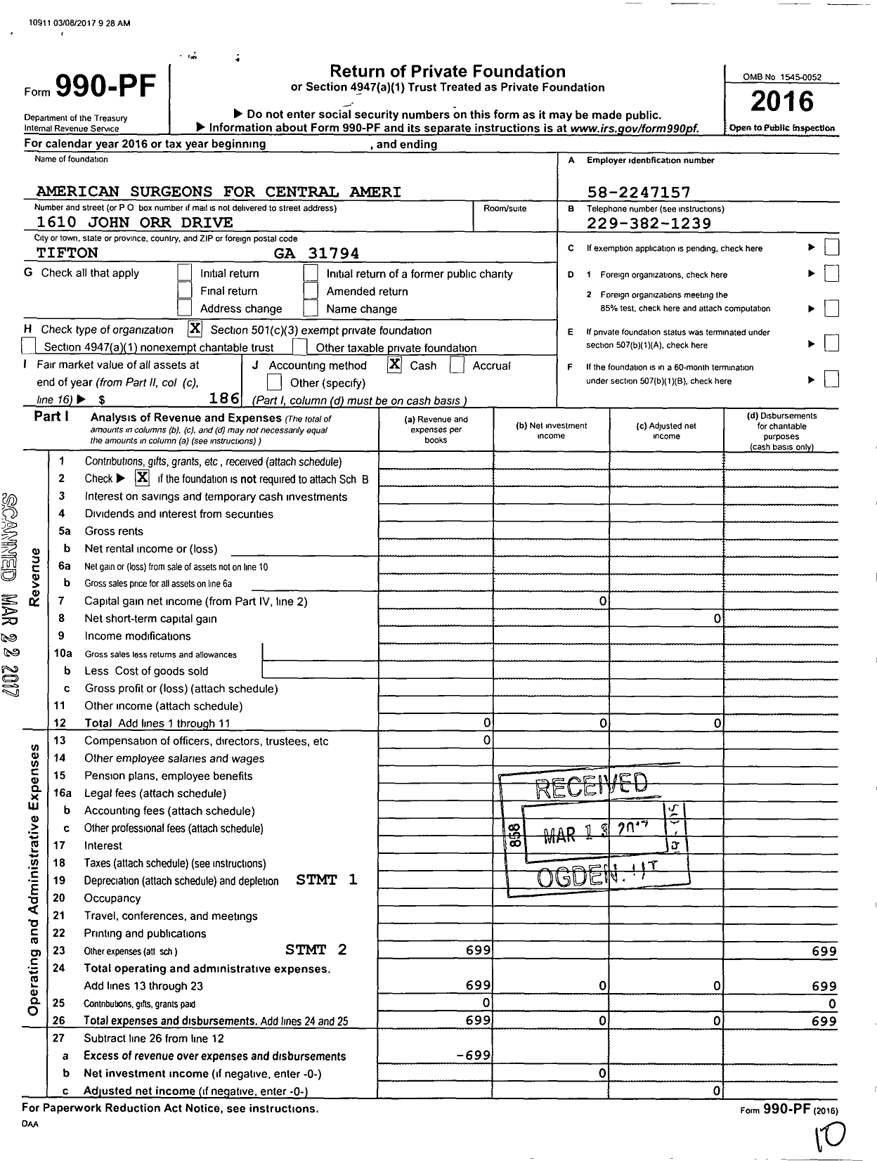 Image of first page of 2016 Form 990PF for American Surgeons for Central America