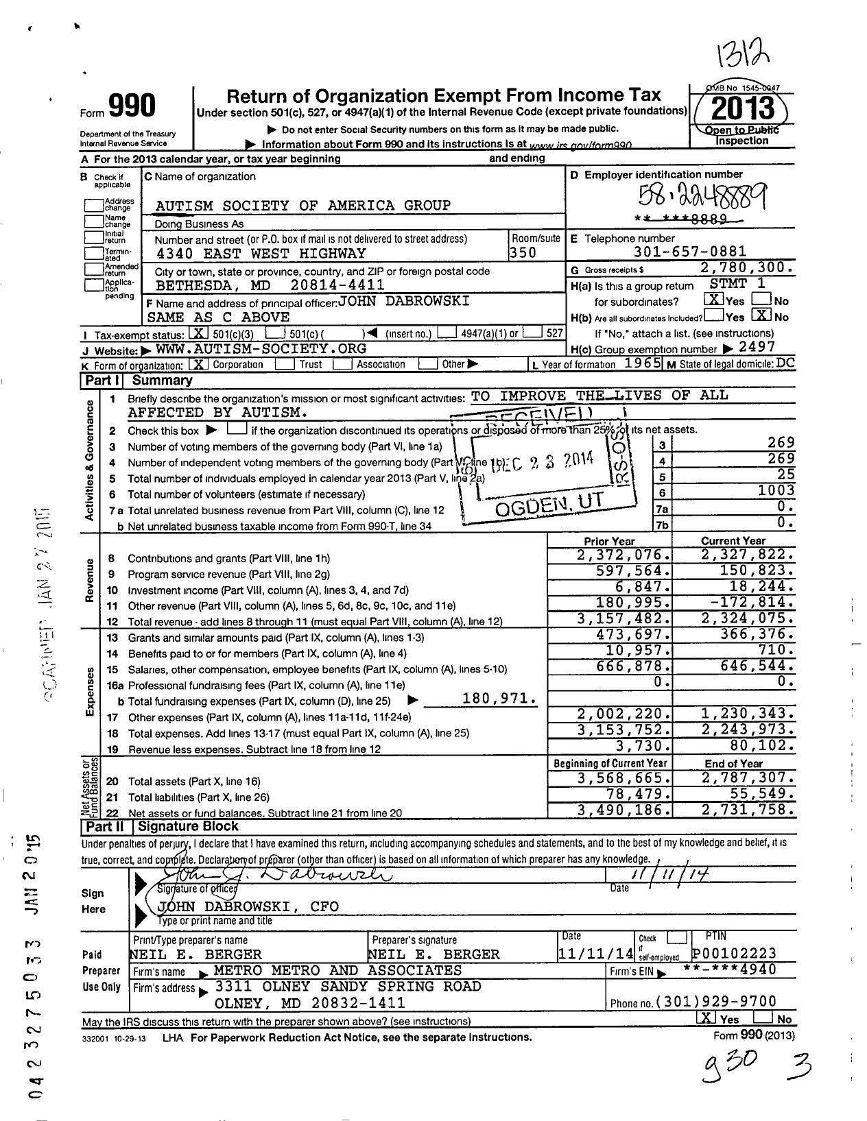 Image of first page of 2013 Form 990 for Autism Society of America Group