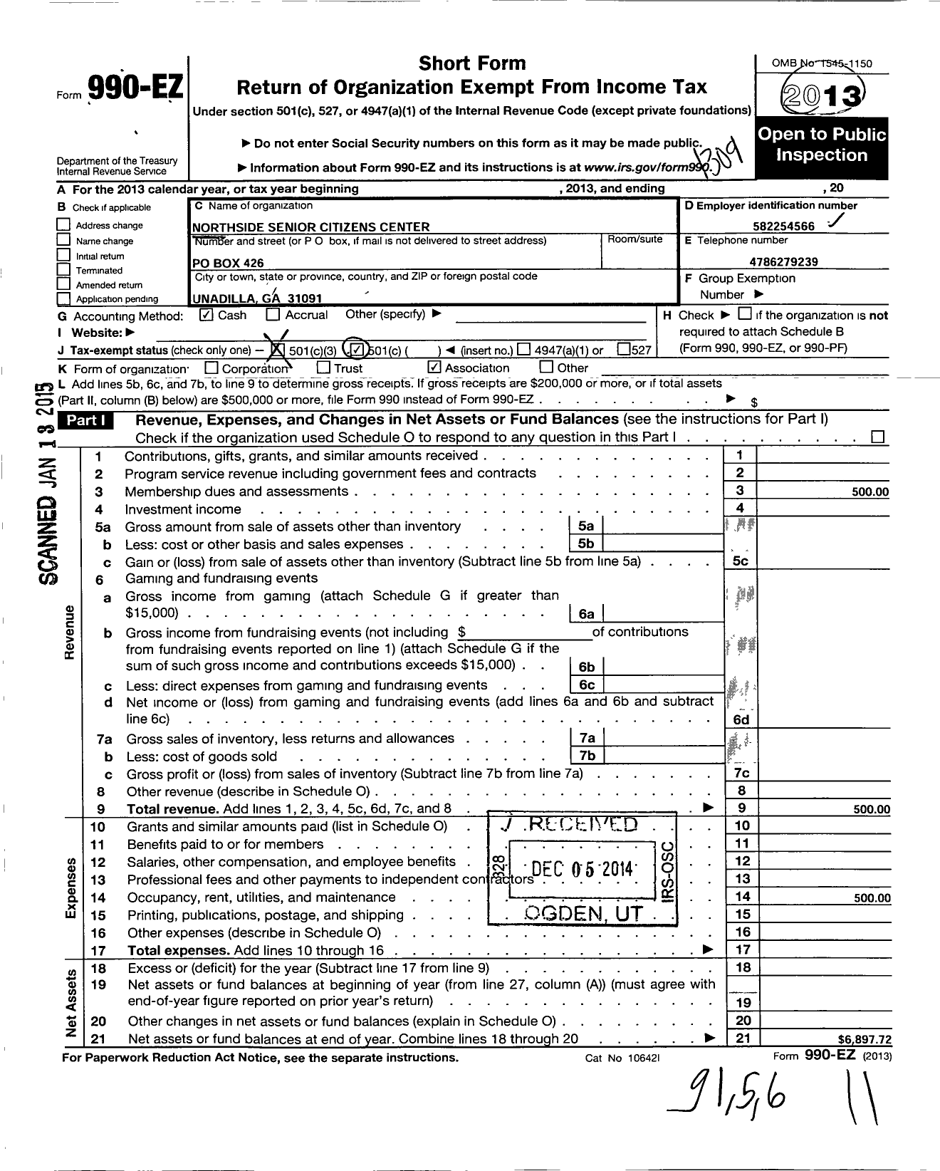 Image of first page of 2012 Form 990EZ for Northside Senior Citizens Center