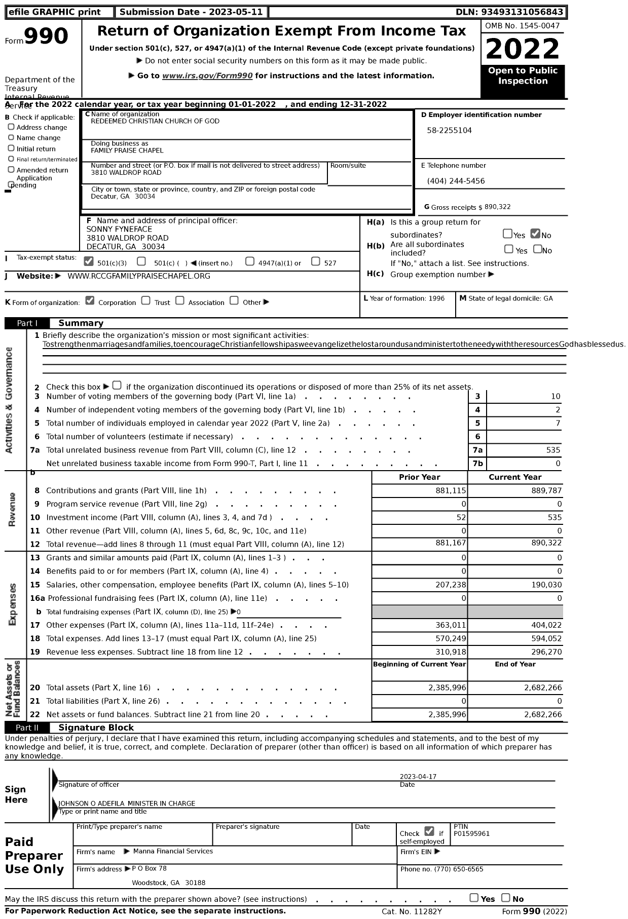 Image of first page of 2022 Form 990 for Redeemed Christian Church of God Family Praise Chapel