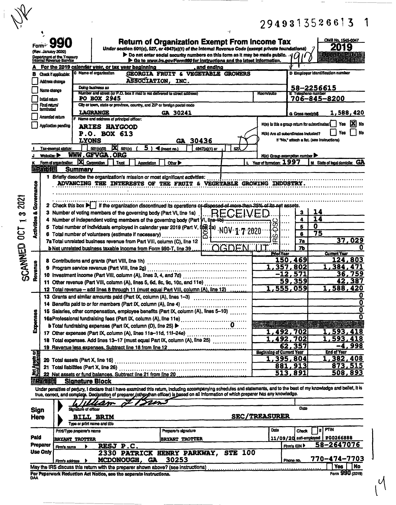 Image of first page of 2019 Form 990O for Georgia Fruit and Vegetable Growers Association