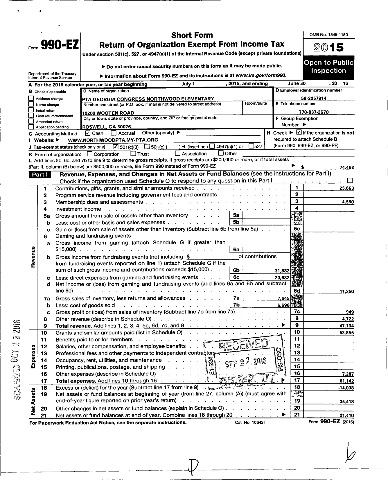 Image of first page of 2015 Form 990EZ for Georgia PTA - Northwood Elem PTA