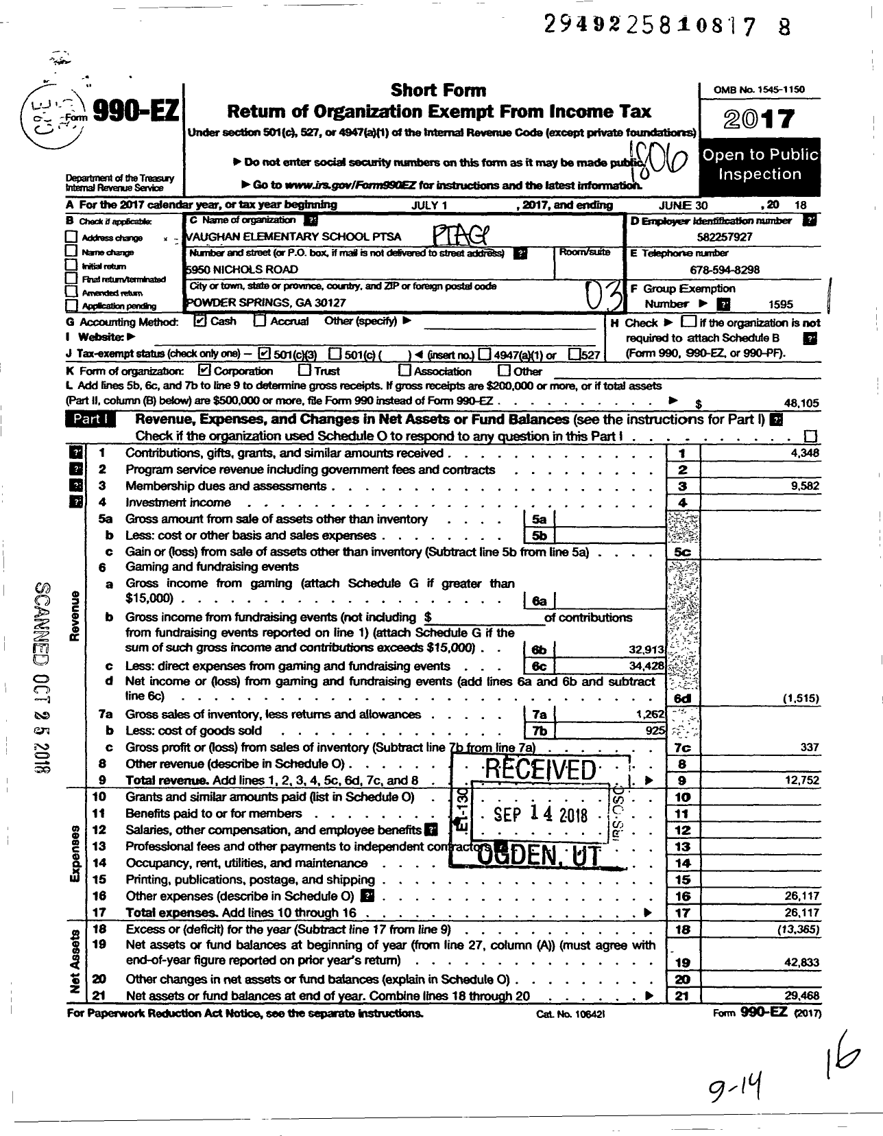 Image of first page of 2017 Form 990EZ for Georgia PTA - Vaughan Elem Ptsa