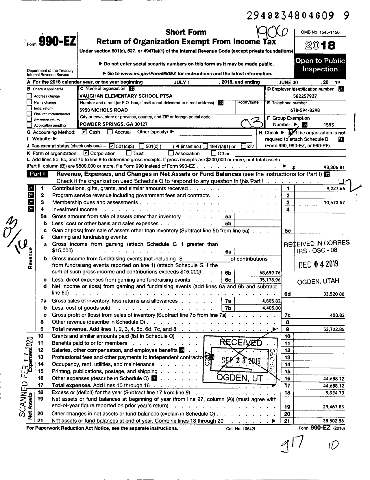 Image of first page of 2018 Form 990EZ for Georgia PTA - Vaughan Elem Ptsa