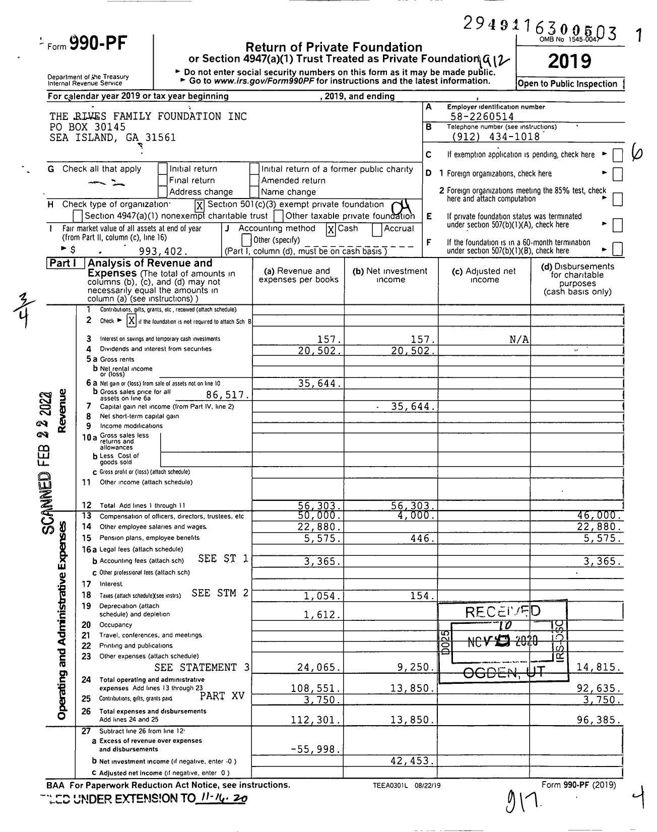 Image of first page of 2019 Form 990PF for The Rives Family Foundation