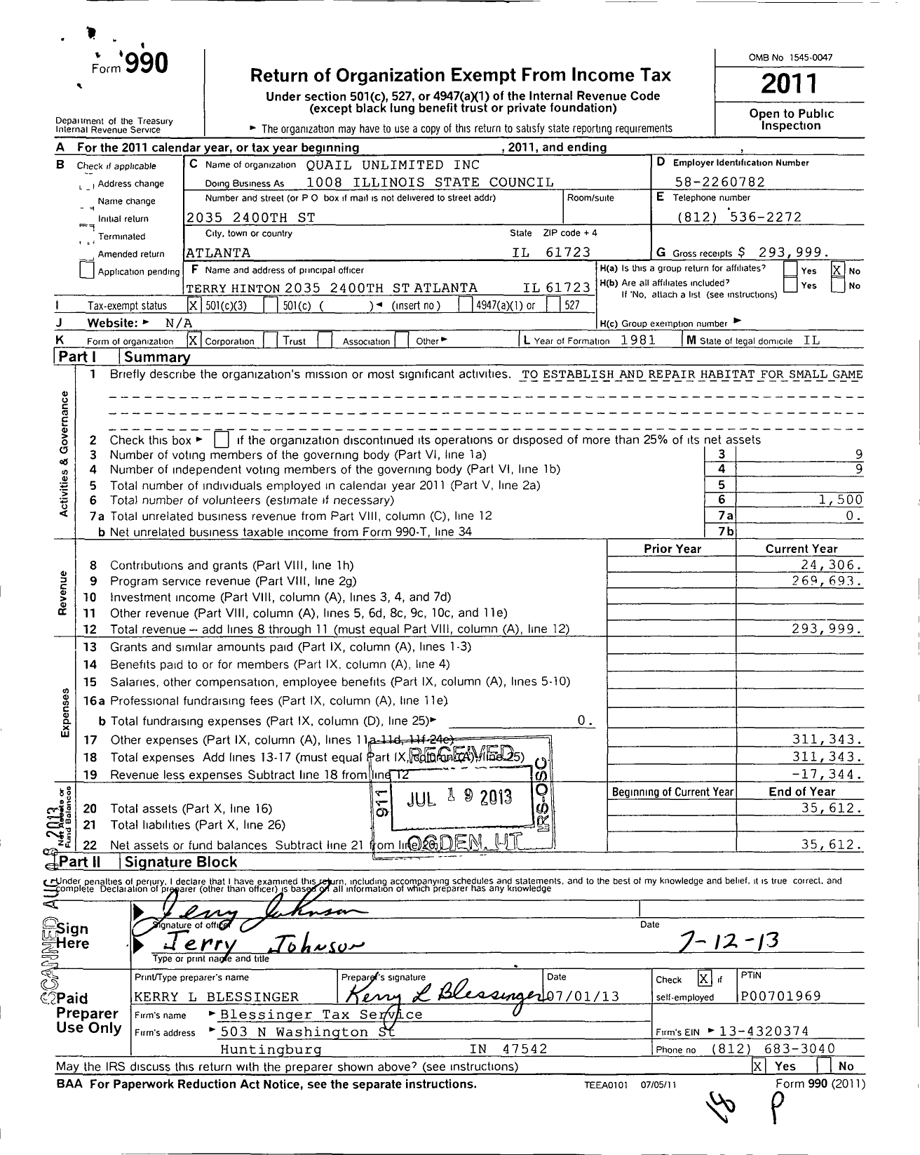 Image of first page of 2011 Form 990 for Quail Unlimited - 1011 Indiana State Council