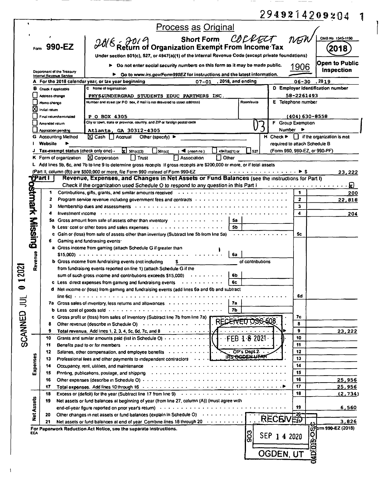 Image of first page of 2018 Form 990EZ for Phys&undergrad Students Educ Partners