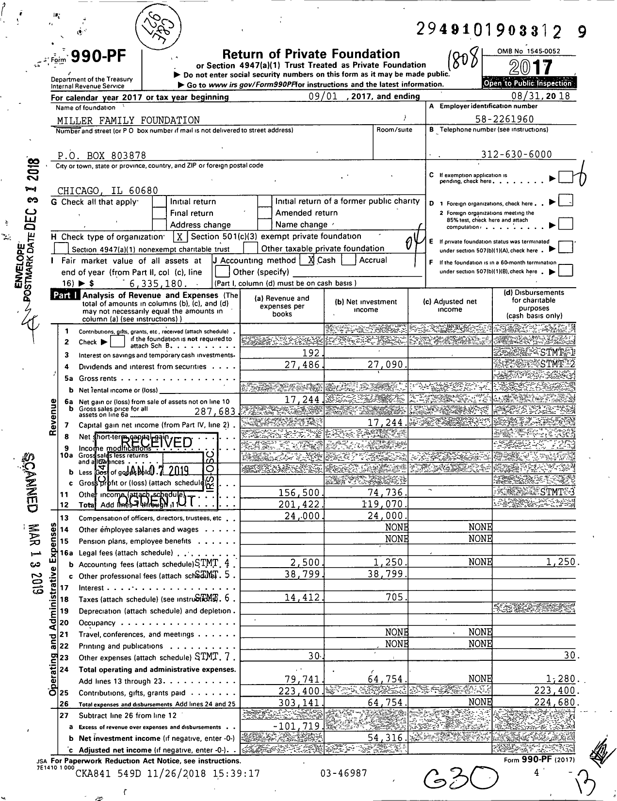 Image of first page of 2017 Form 990PF for Miller Family Foundation