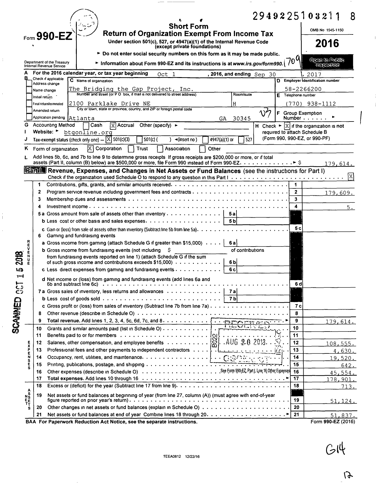 Image of first page of 2016 Form 990EZ for The Bridging the Gap Project