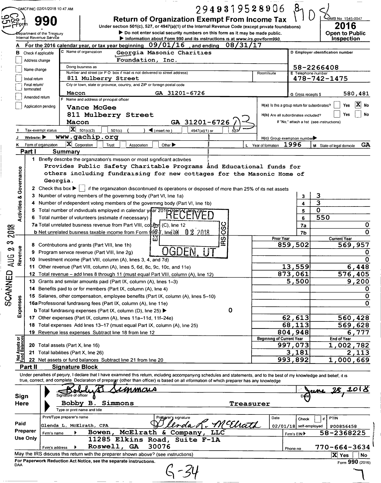 Image of first page of 2016 Form 990 for Free & Accepted Masons of Georgia - Masonic Charities Foundation