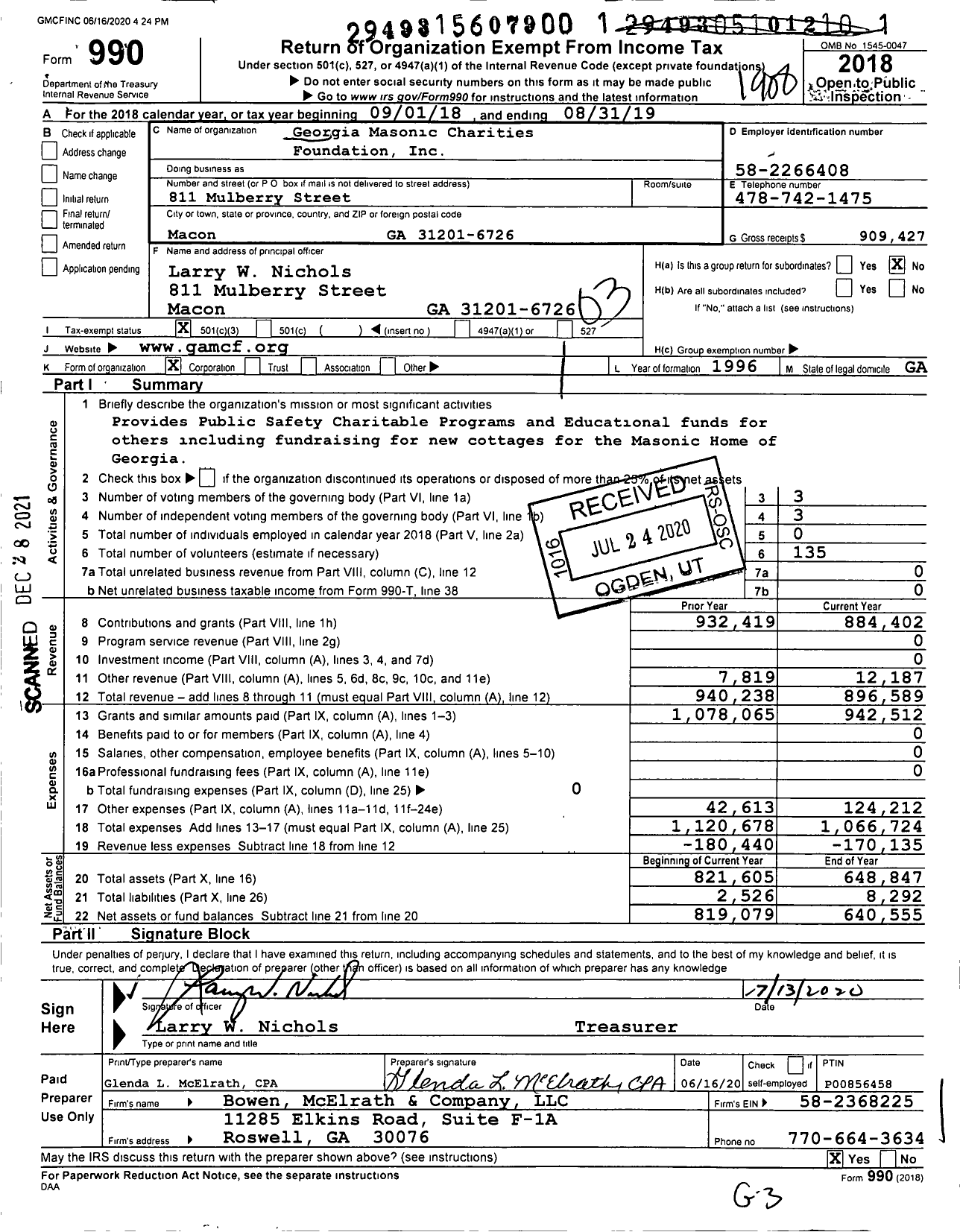 Image of first page of 2018 Form 990 for Georgia Masonic Charities Foundation