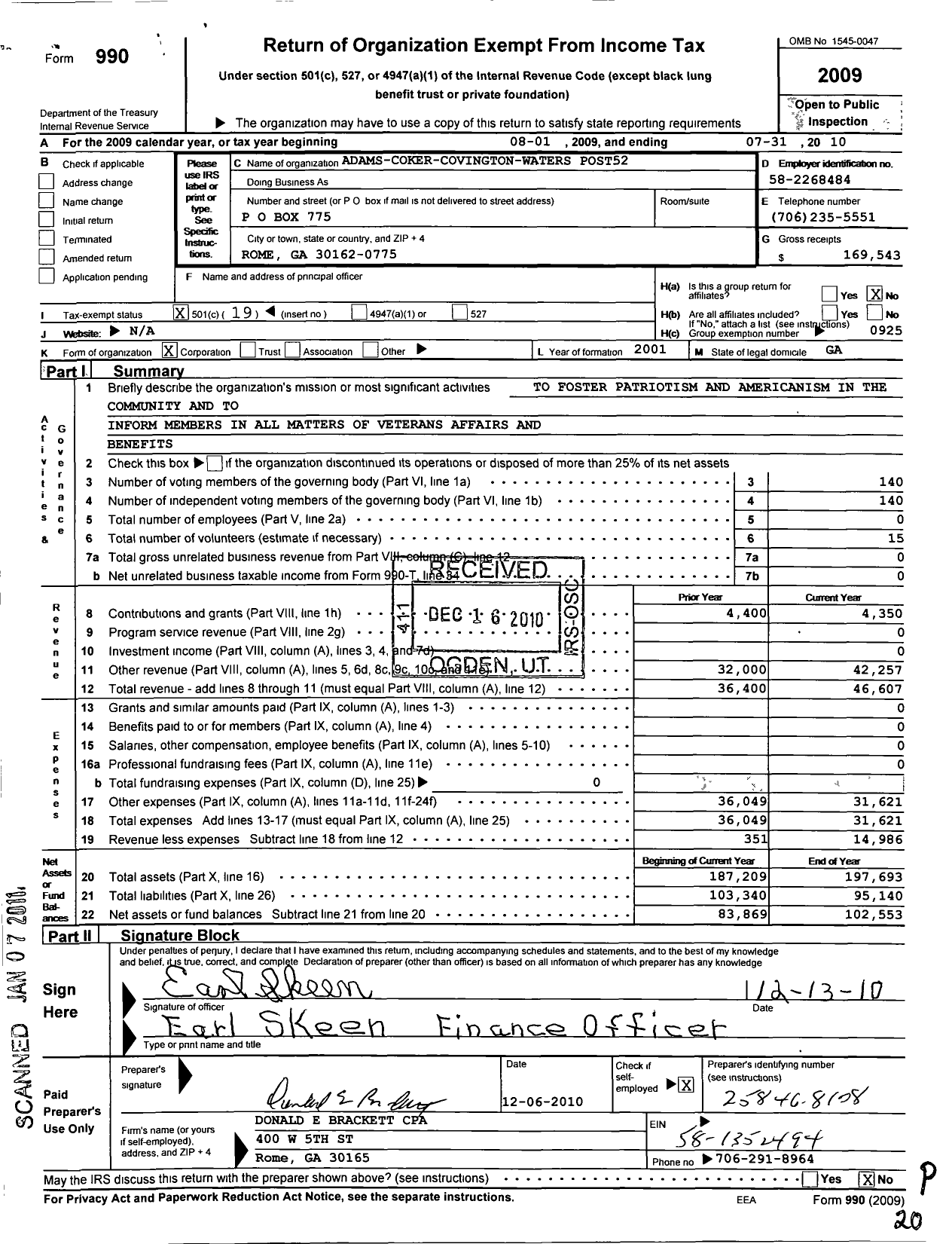 Image of first page of 2009 Form 990O for American Legion - 52 Adams Coker Covington Waters