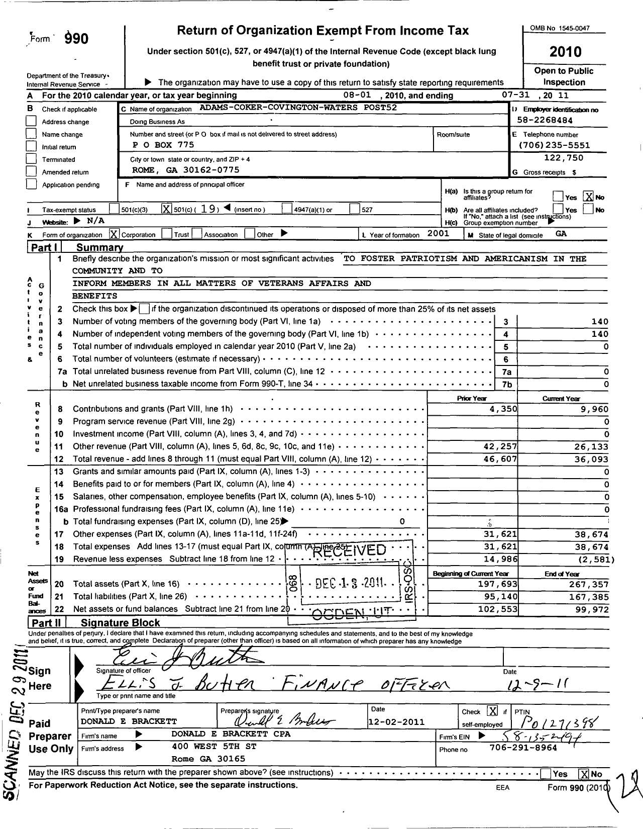 Image of first page of 2010 Form 990O for American Legion - 52 Adams Coker Covington Waters