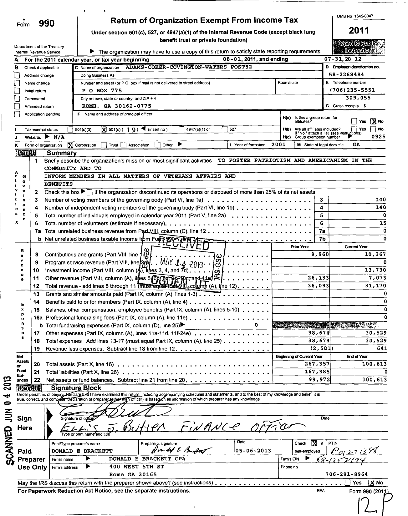 Image of first page of 2011 Form 990O for American Legion - 52 Adams Coker Covington Waters