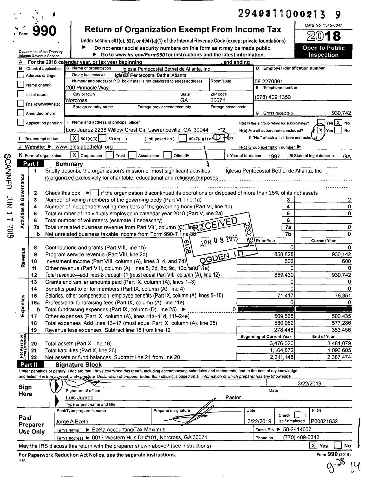 Image of first page of 2018 Form 990 for Iglesia Pentecostal Bethel de Atlanta