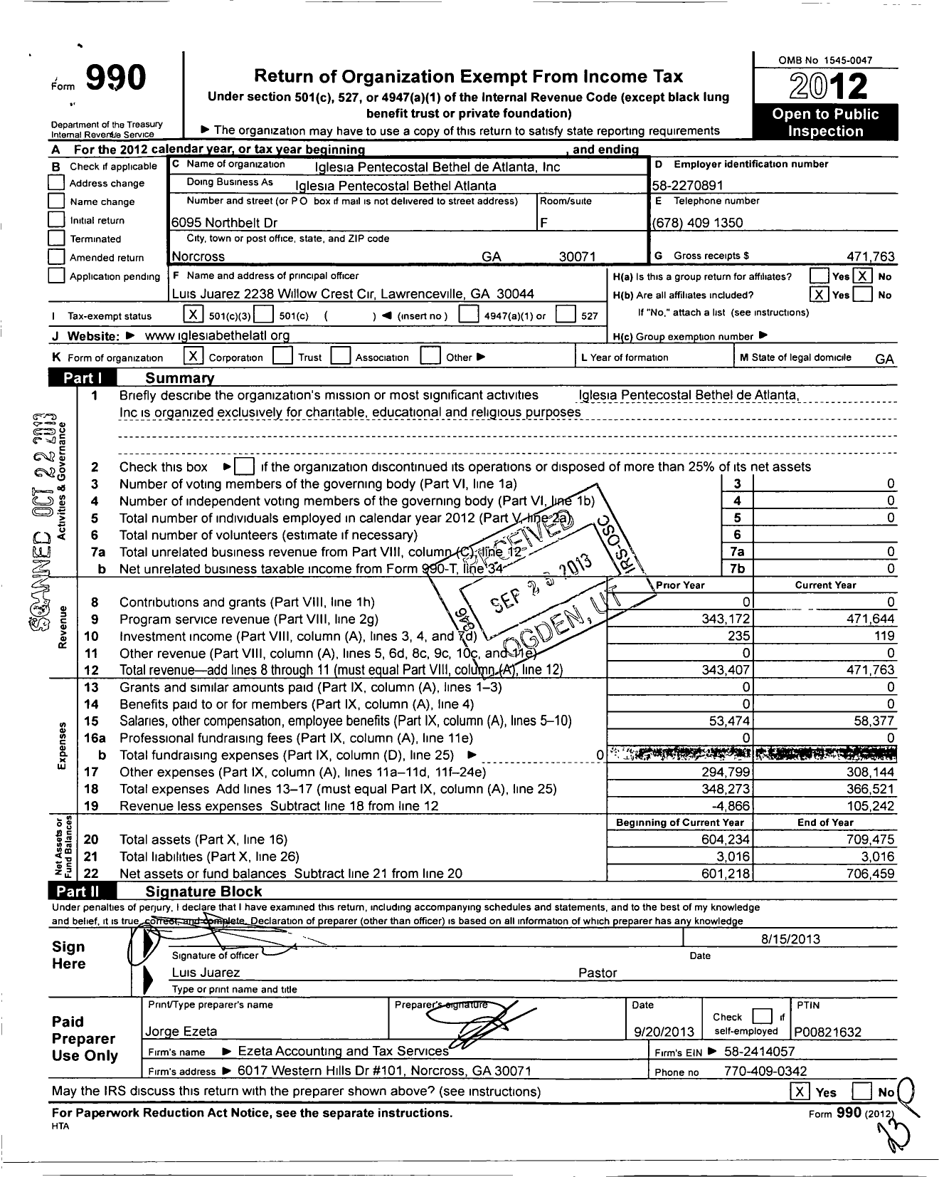 Image of first page of 2012 Form 990 for Iglesia Pentecostal Bethel de Atlanta