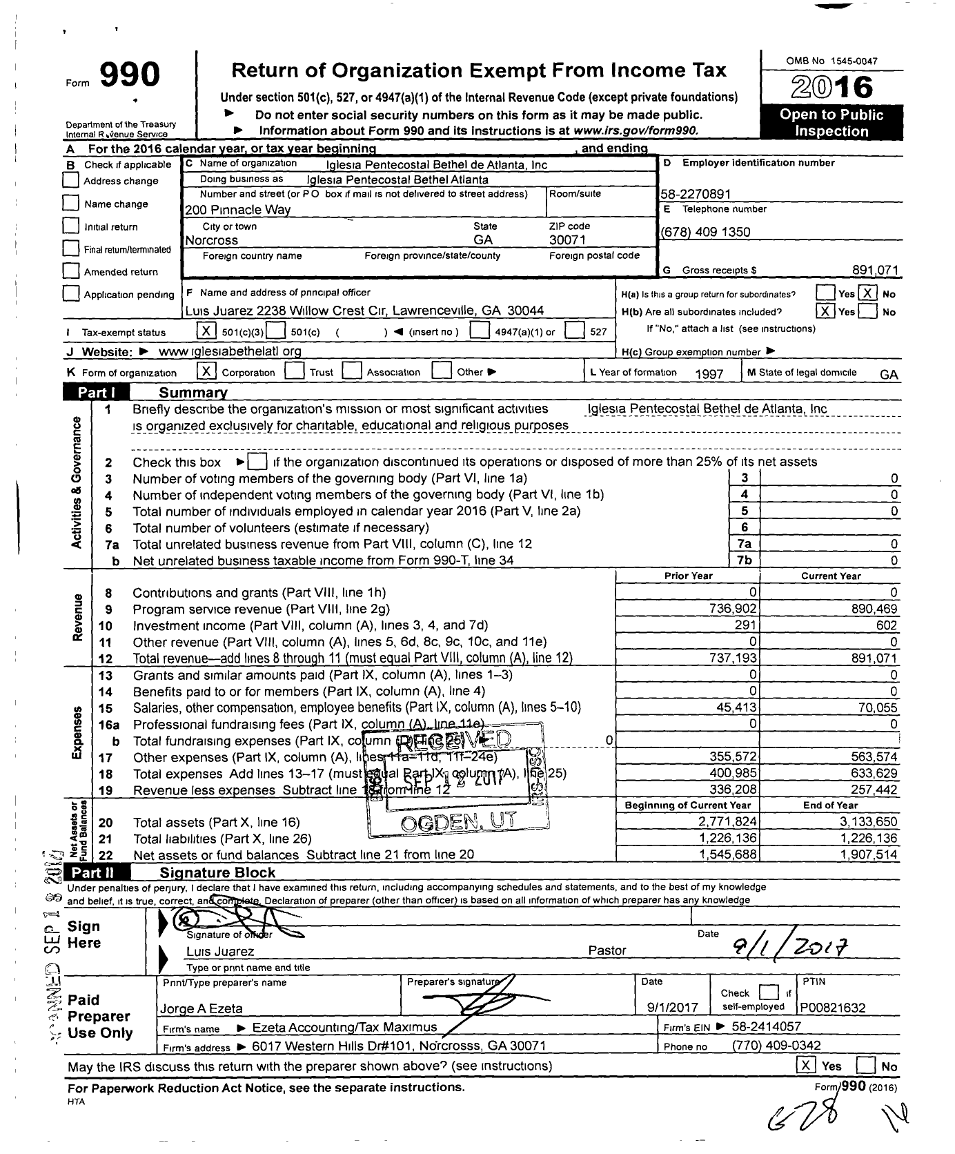 Image of first page of 2016 Form 990 for Iglesia Pentecostal Bethel de Atlanta