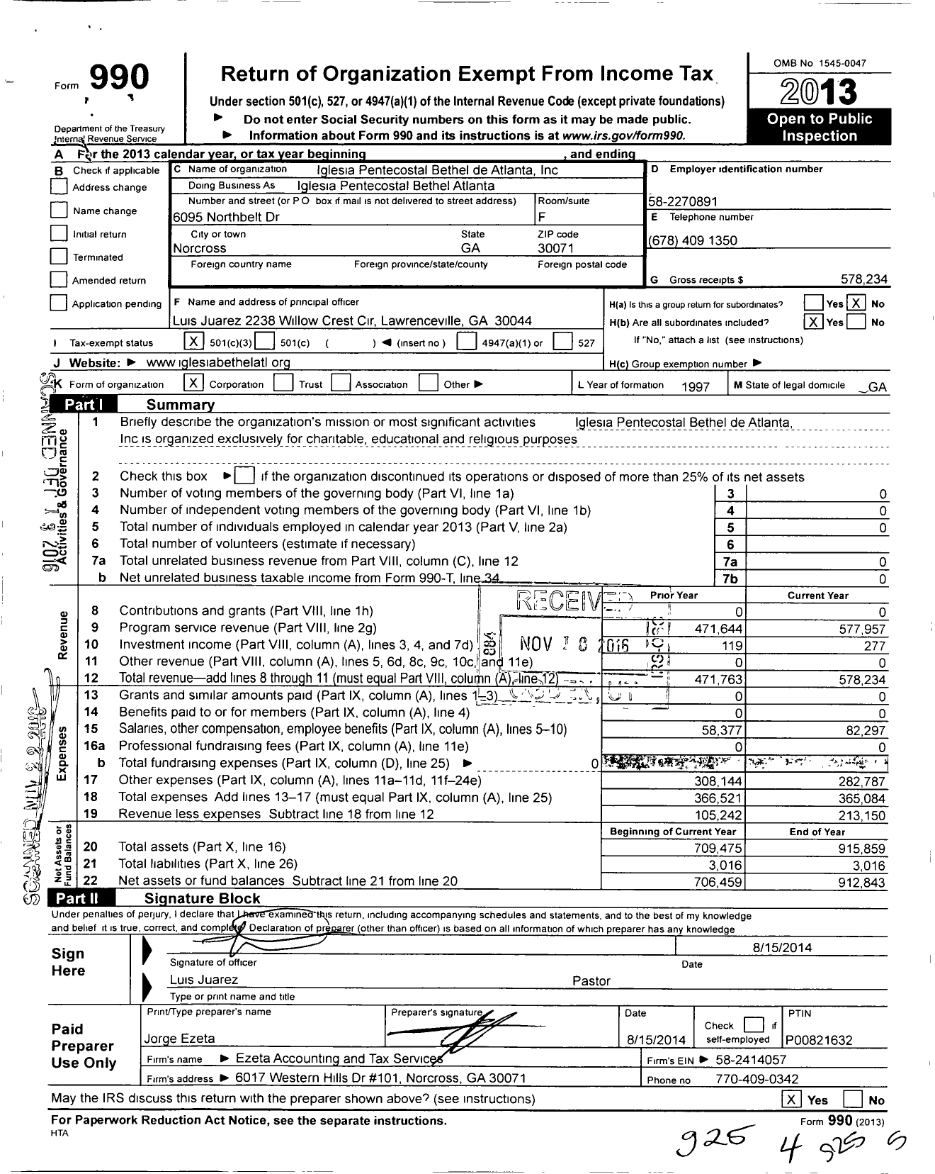 Image of first page of 2013 Form 990 for Iglesia Pentecostal Bethel de Atlanta