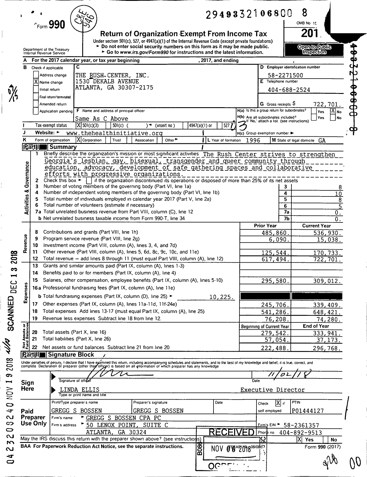 Image of first page of 2017 Form 990 for The Rush Center