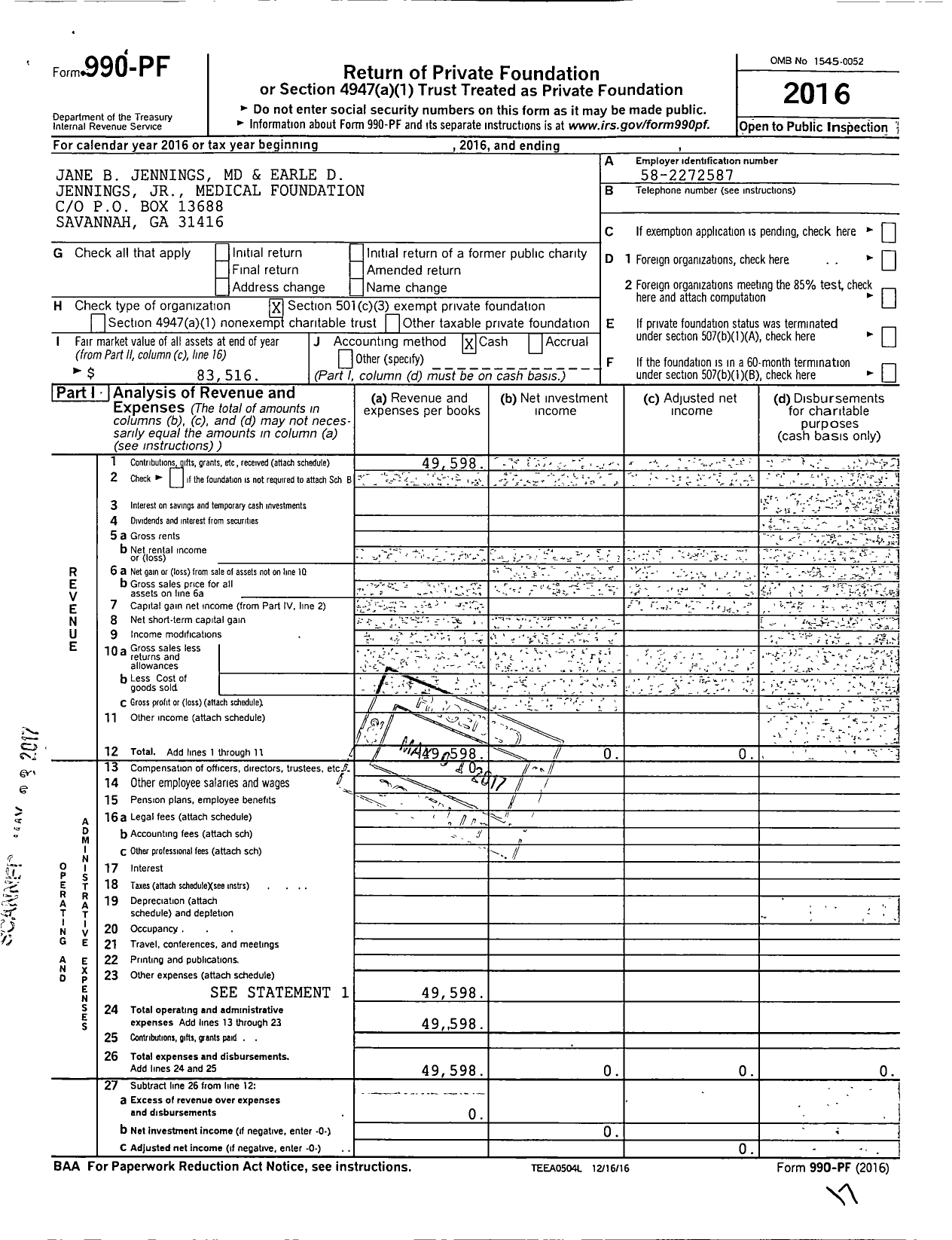 Image of first page of 2016 Form 990PF for Jane B Jennings MD and Earle D Jennings JR Medical Foundation