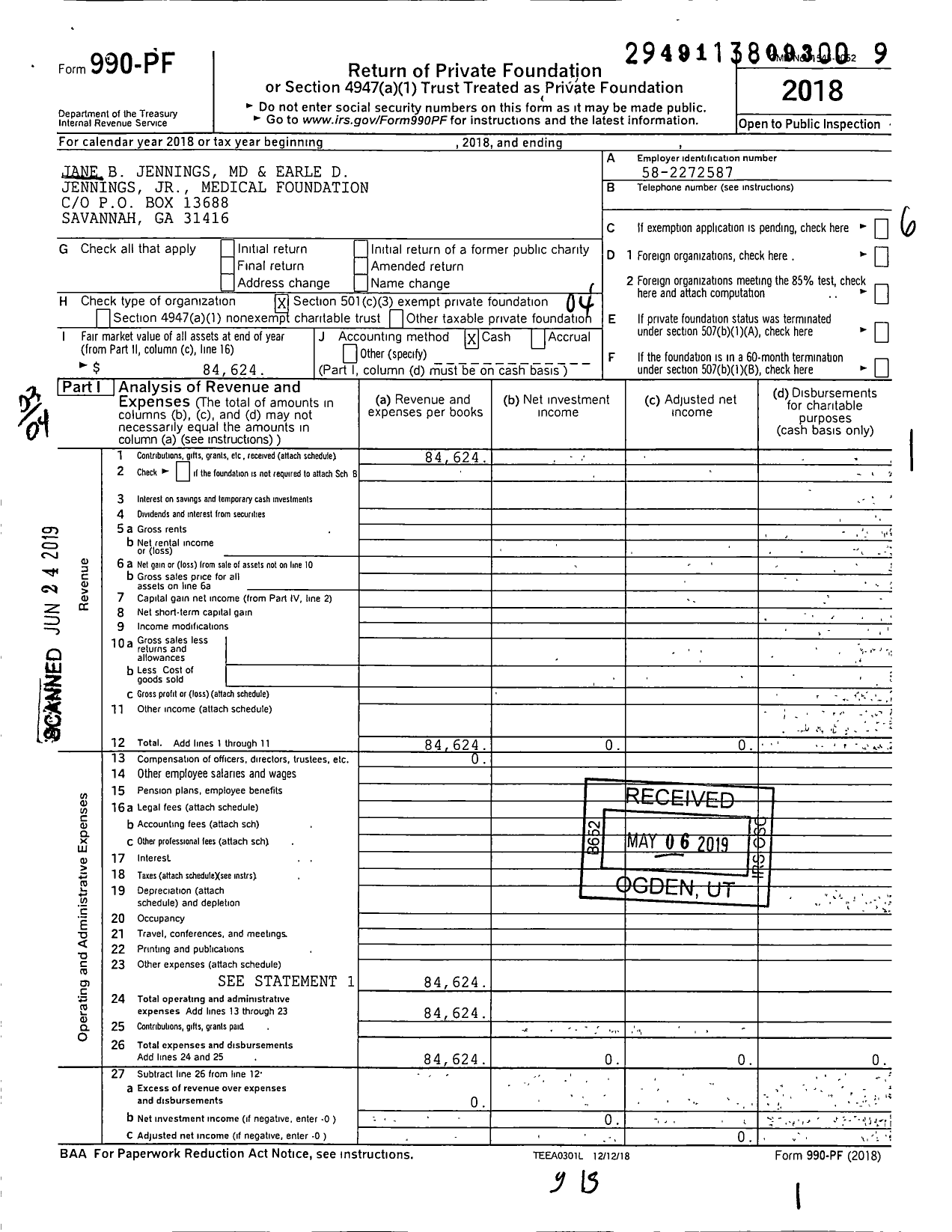 Image of first page of 2018 Form 990PF for Jane B Jennings MD and Earle D Jennings JR Medical Foundation