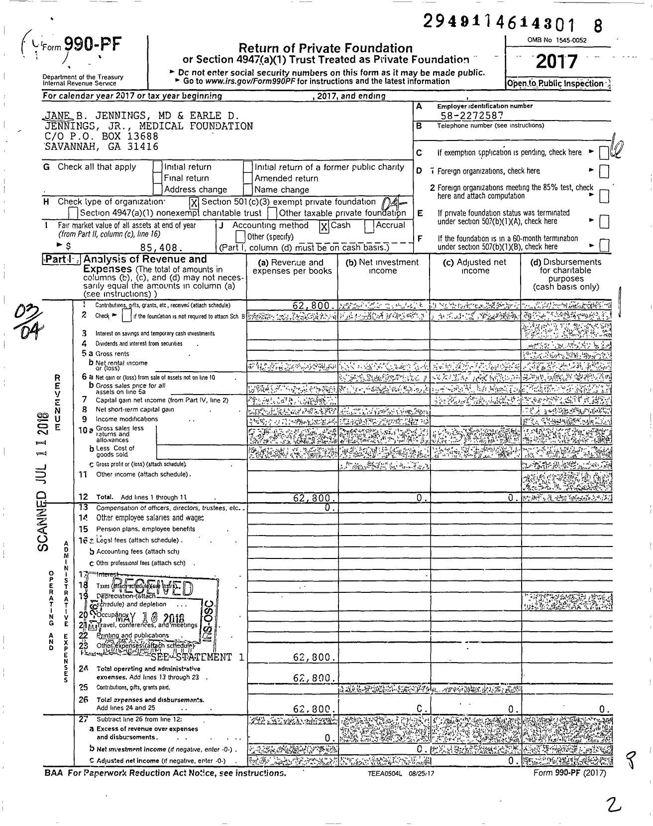 Image of first page of 2017 Form 990PF for Jane B Jennings MD and Earle D Jennings JR Medical Foundation