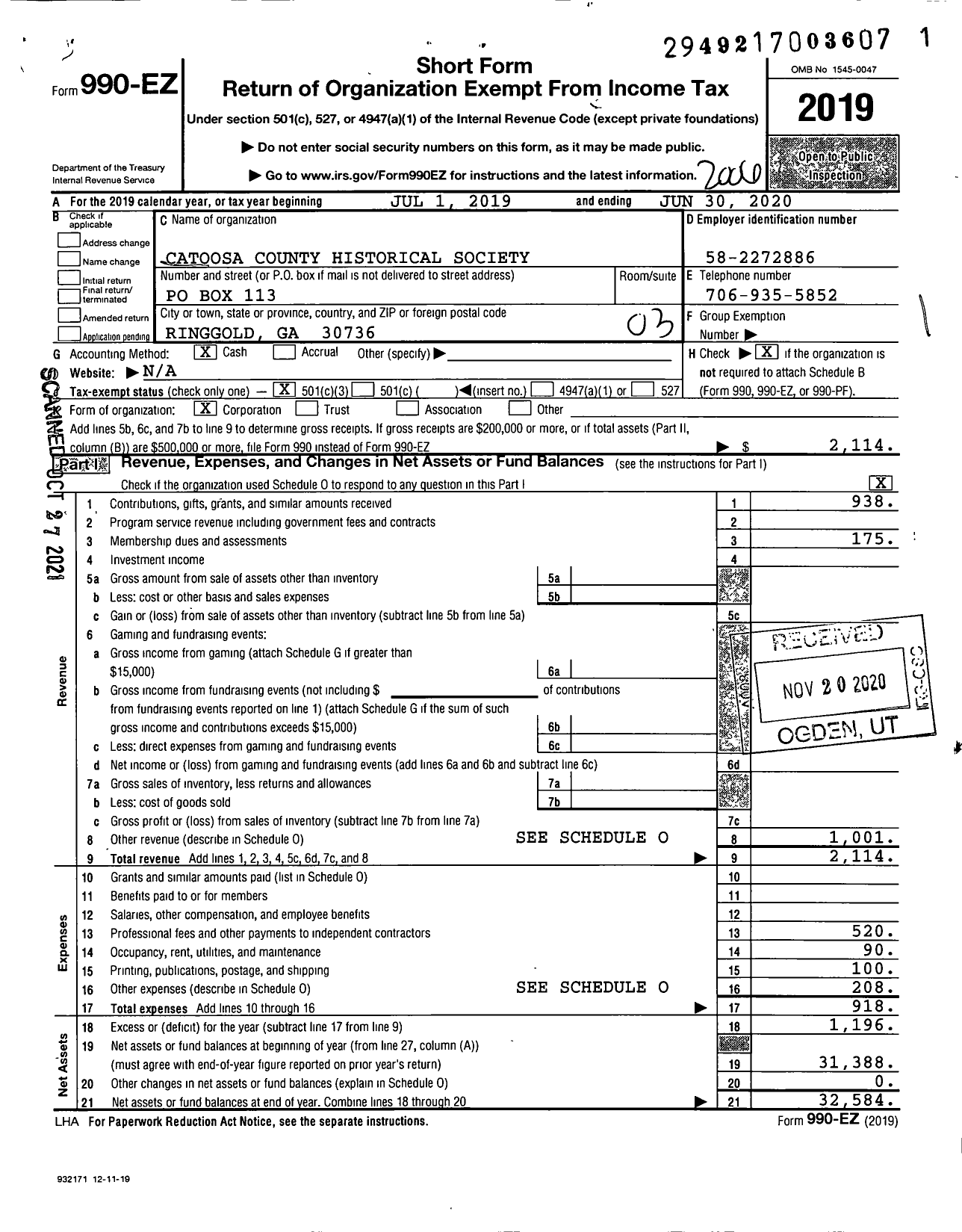 Image of first page of 2019 Form 990EZ for Catoosa County Historical Society