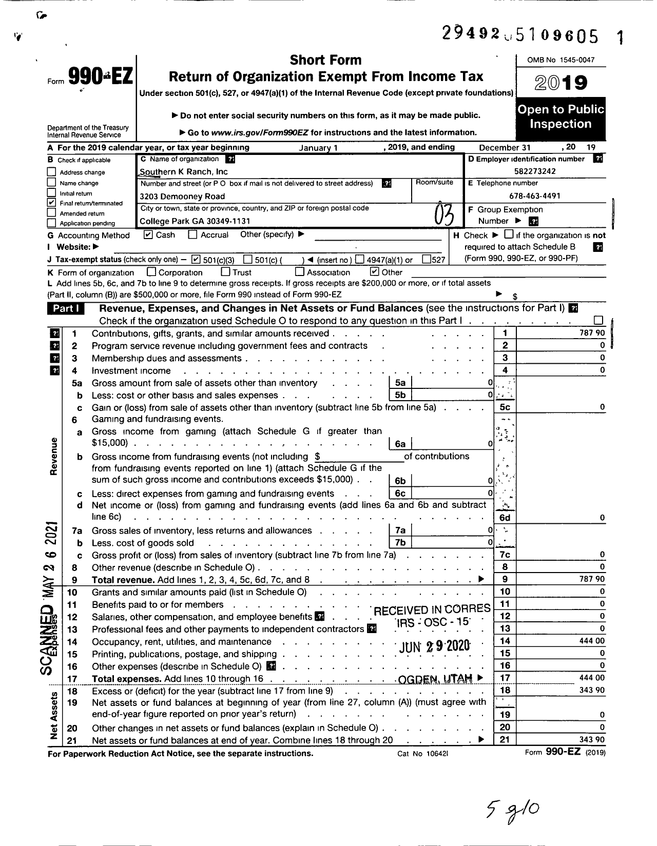 Image of first page of 2019 Form 990EZ for Southern K Ranch