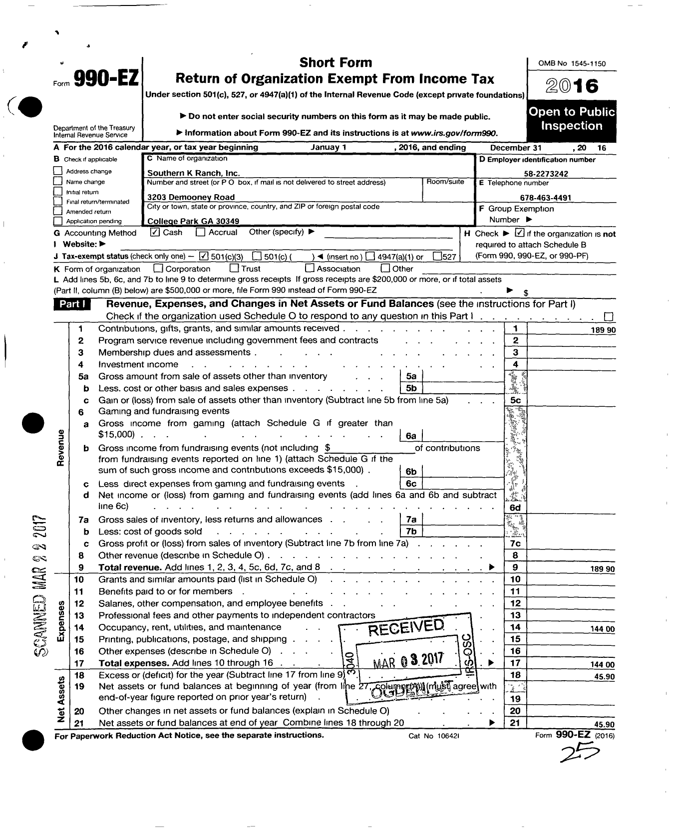 Image of first page of 2016 Form 990EZ for Southern K Ranch